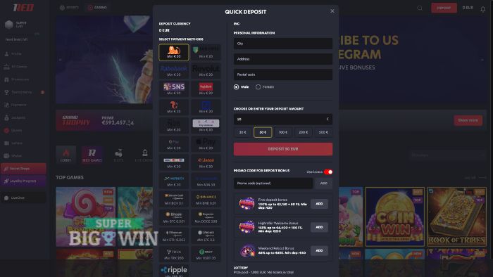Accepted Payment Methods and deposit by 1Red casino