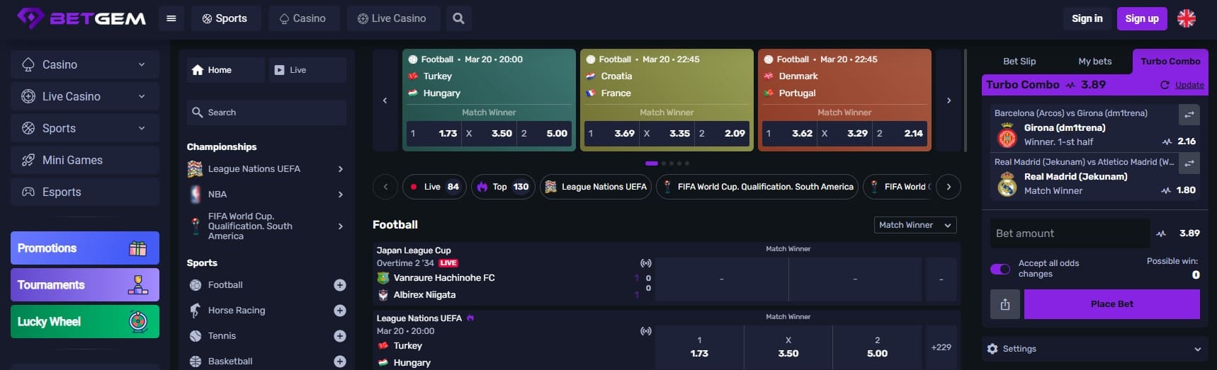 Betgem Casino Betting Section