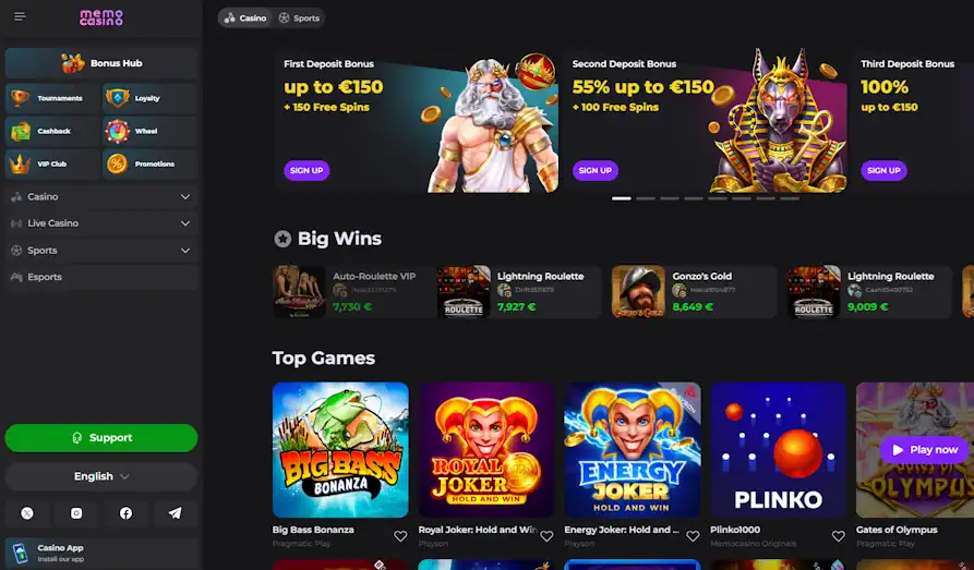 Memo Casino mainpage
