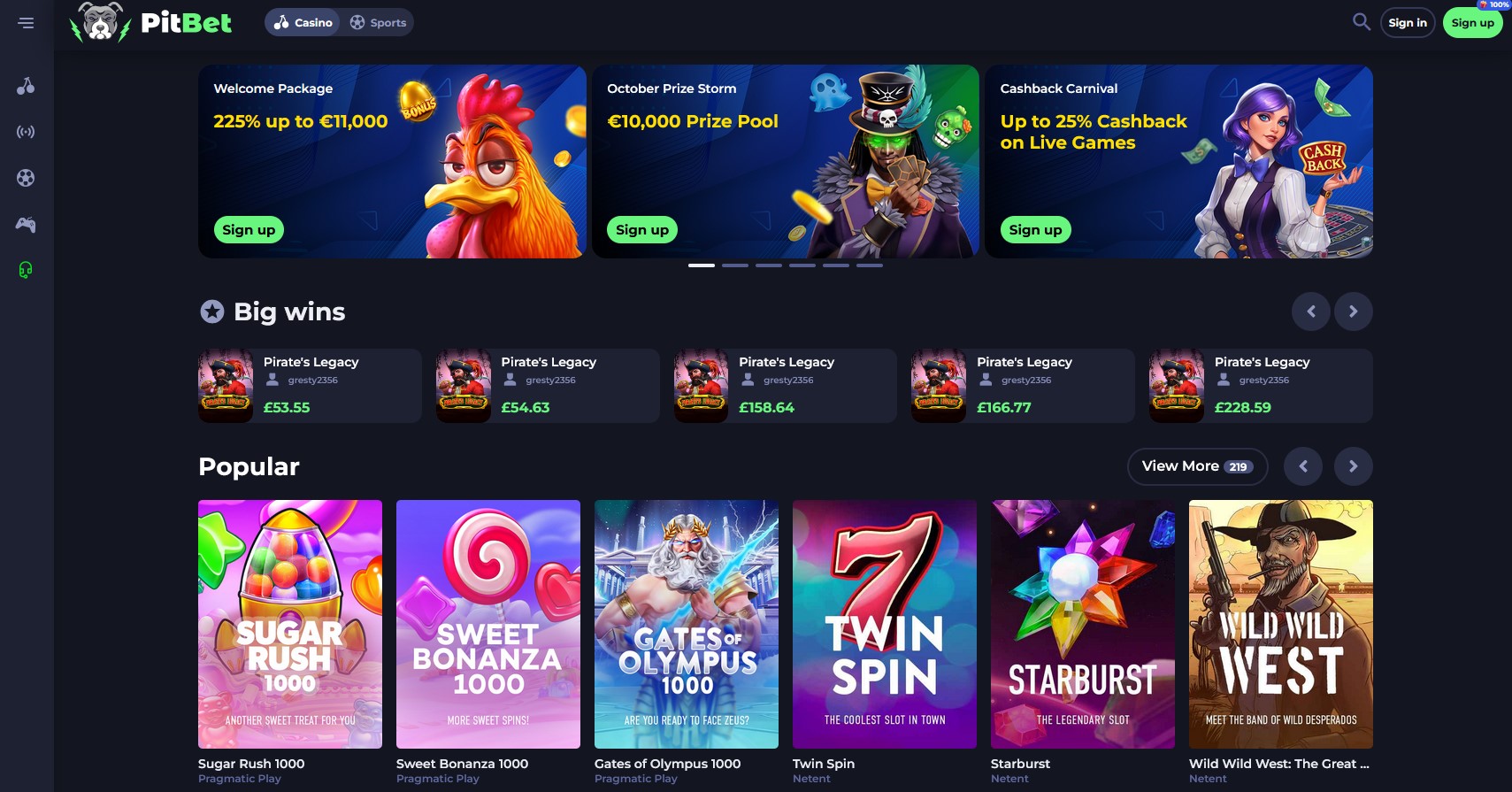Pitbet Casino Homepage