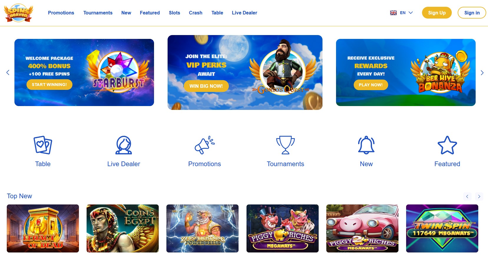 Spinsheaven Casino Homepage