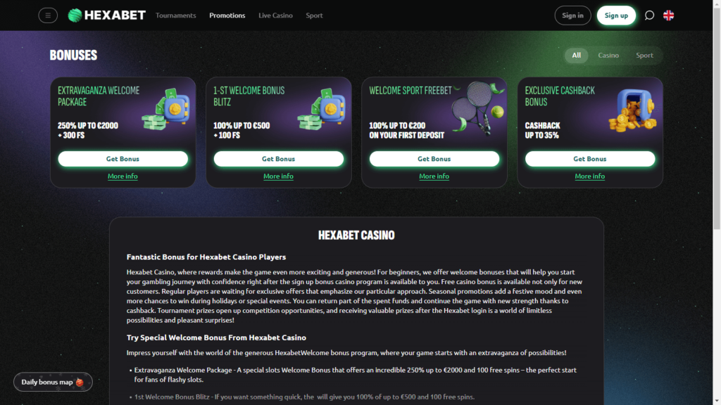 Hexabet Casino bonuses and promo