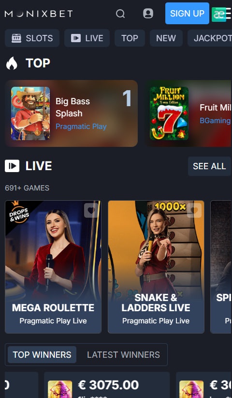 Monixbet Casino mobile version